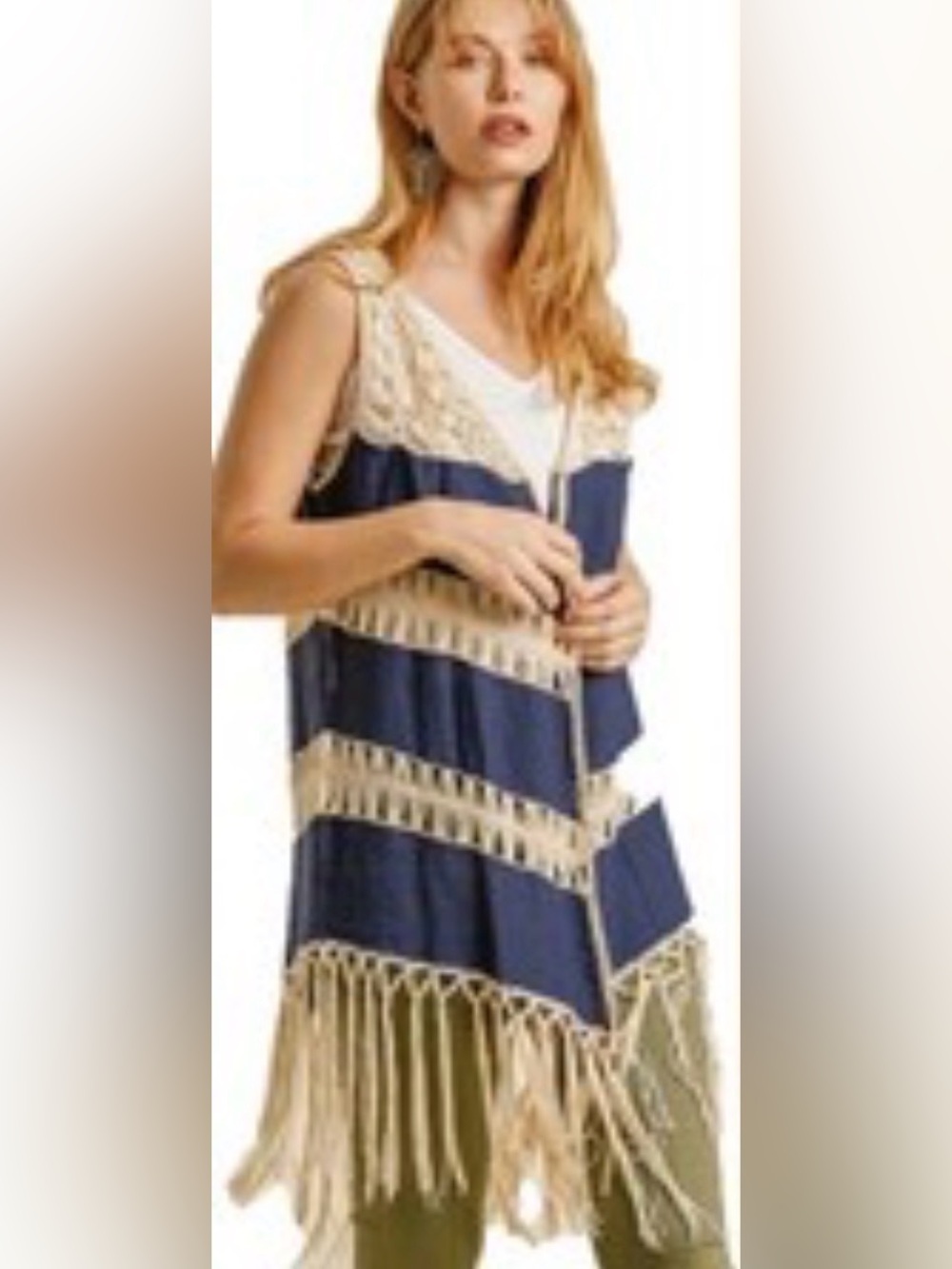 Umgee Navy Blue and Cream Crochet Fringe Vest
